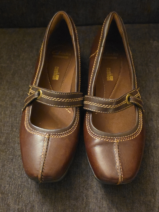 Clarks Shoes - Clarks Brown Leather Mary Jane Flats with Contrast Stitching